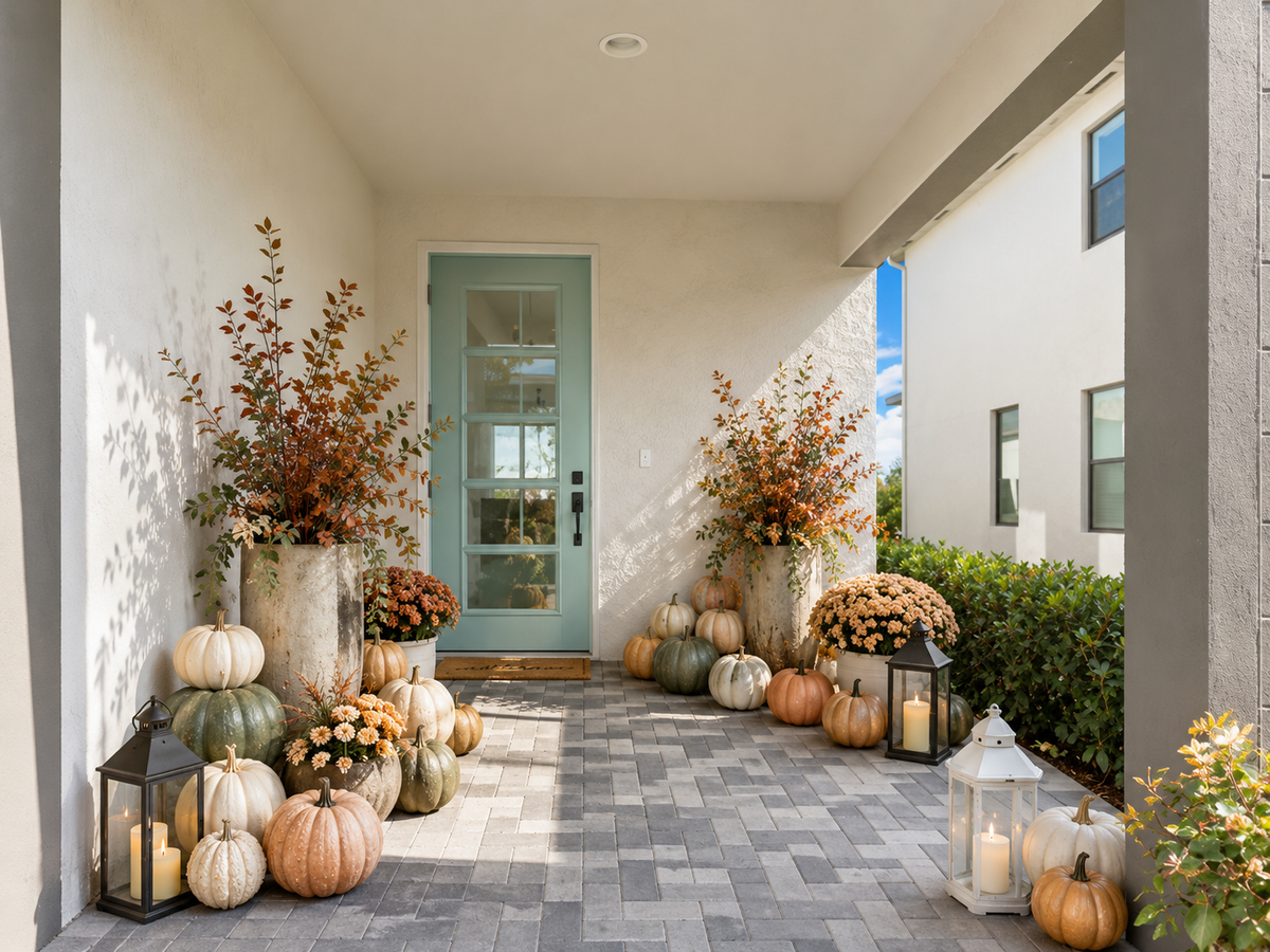 luxury fall porch installation Jupiter Florida The Estate Edit layered pumpkin botanical styling Palm Beach County