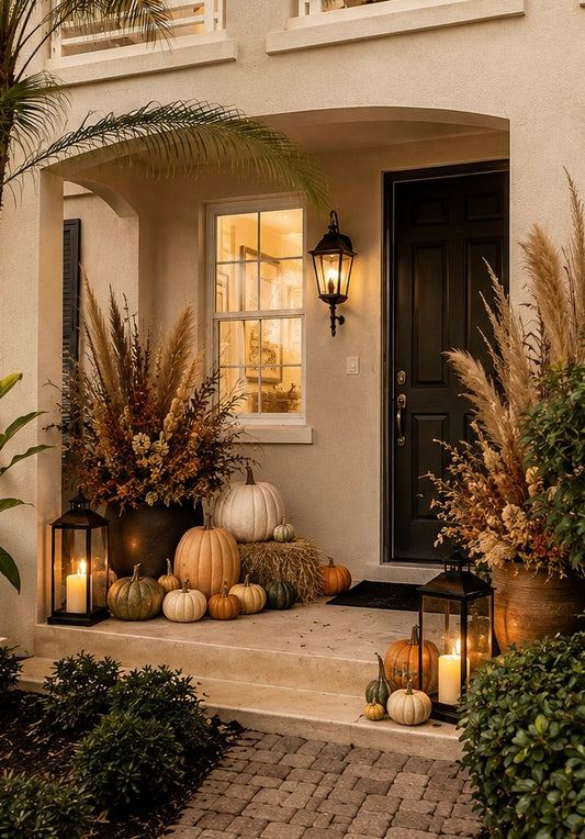 fall porch pumpkin installation Jupiter Florida The Foyer Edit heirloom gourds botanical styling