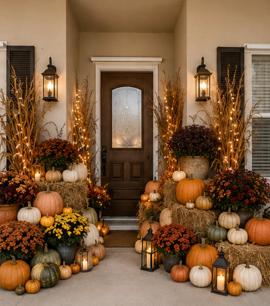 grand luxury fall porch installation Jupiter Florida heirloom pumpkins pathway styling cornstalks Palm Beach estate